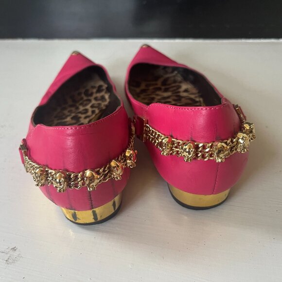 Women Fuchsia Pink Leather Pointed Metal Toe Flats with metal Chain Size 5 / 35 - Picture 3 of 4